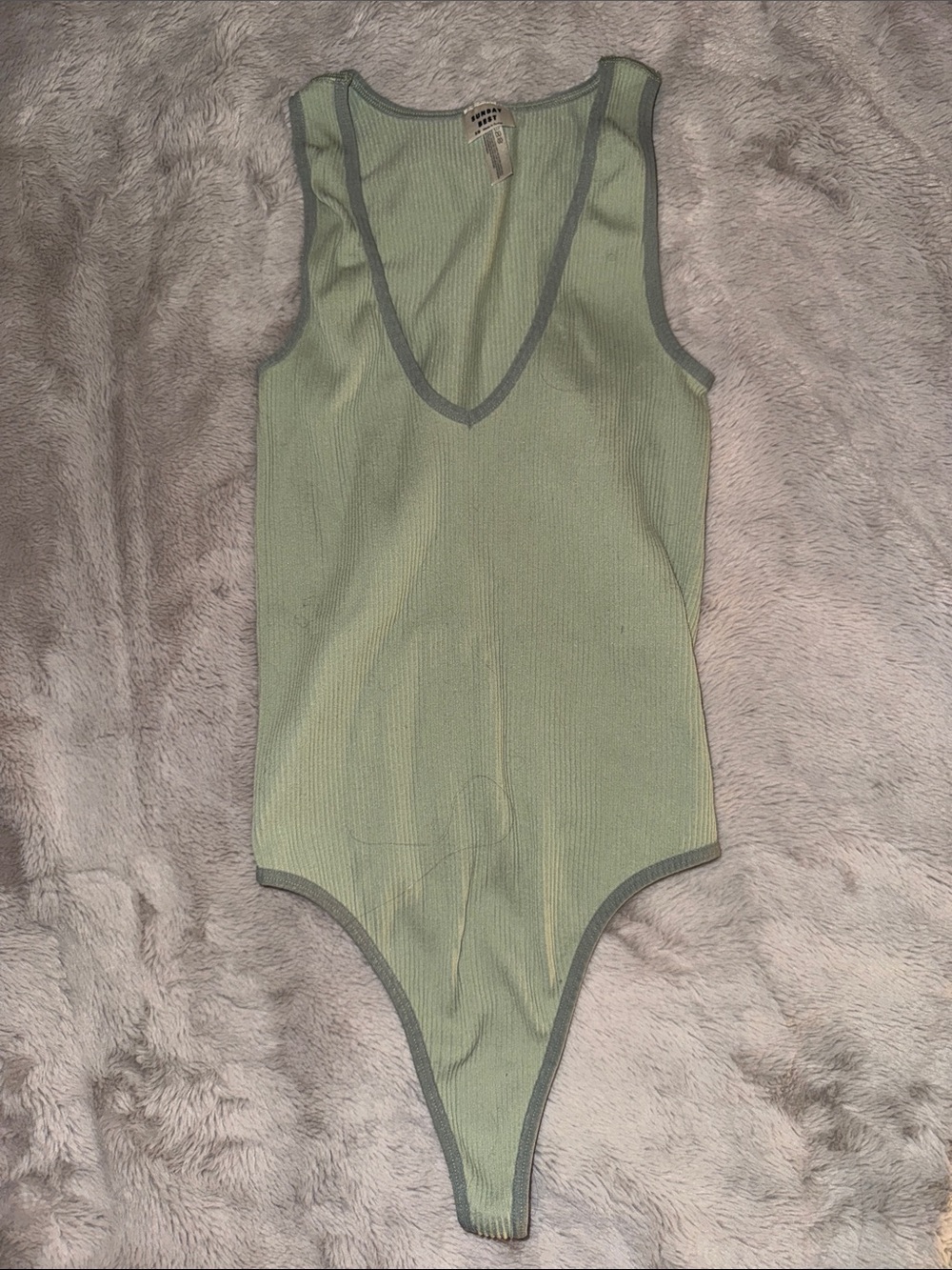 Sunday Best Ribbed V-Neck One-Piece in Sage Green with Gray Trim